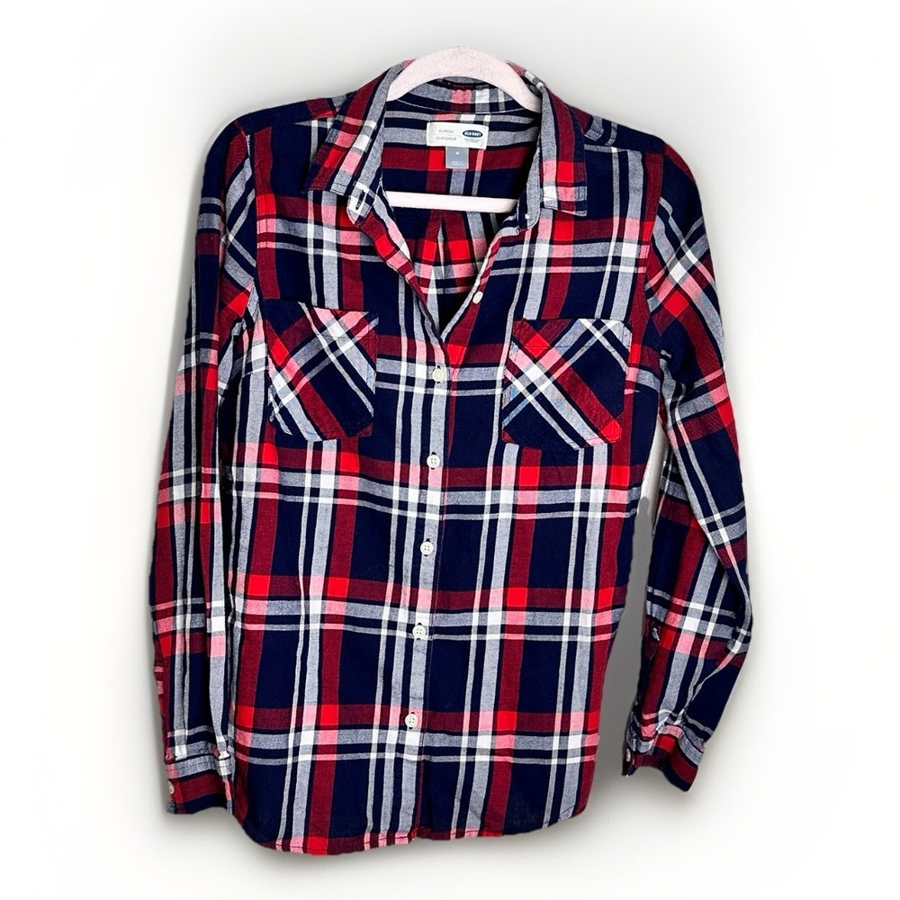 Old Navy Flannel Shirt Womens Medium Navy/Red Button Up Long Sleeve 100% Cotton